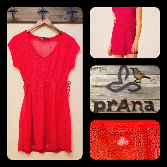 🍒 3/$35 PRANA Cherry Red Mesh ELLIOT Cinch-Tie Waist S/S Cover-Up-L - Picture 3 of 16
